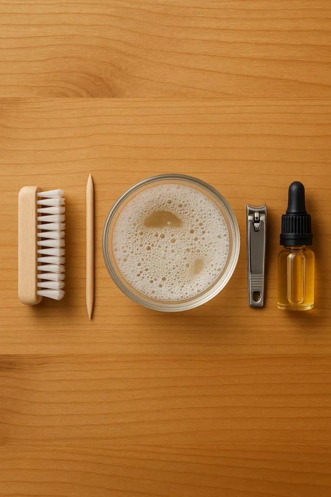 Flat lay arrangement of nail hygiene tools including brushes and files