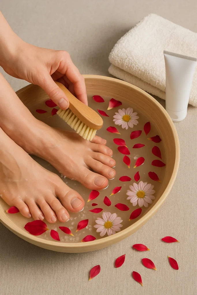 Feet soaking in a bowl of warm water for nail cleaning and softening