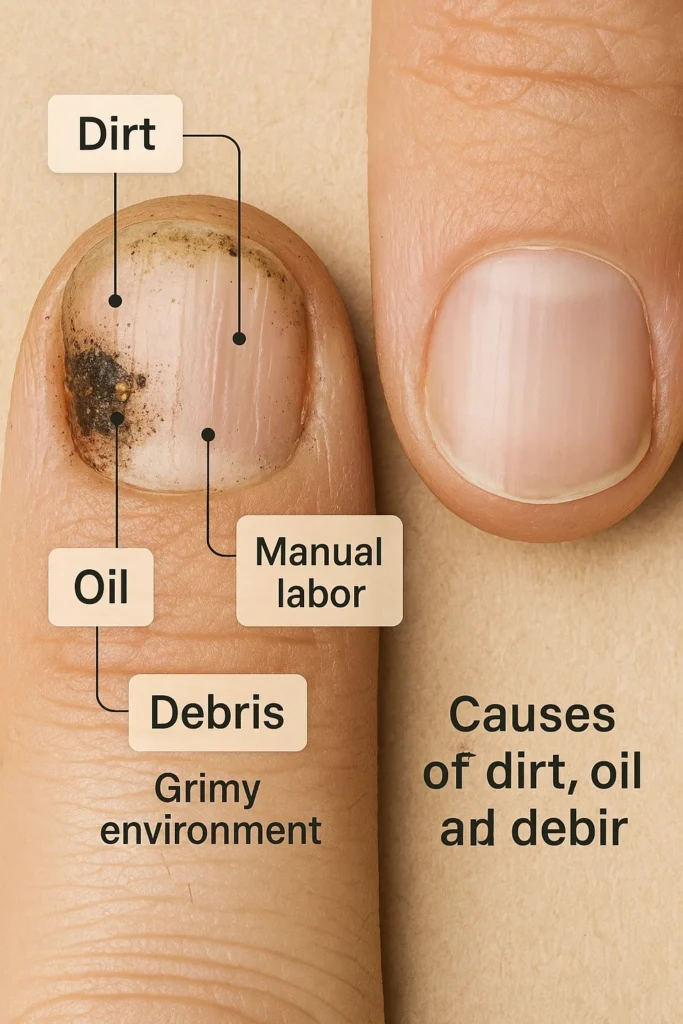 Close up magnified view of dirt and debris under a fingernail