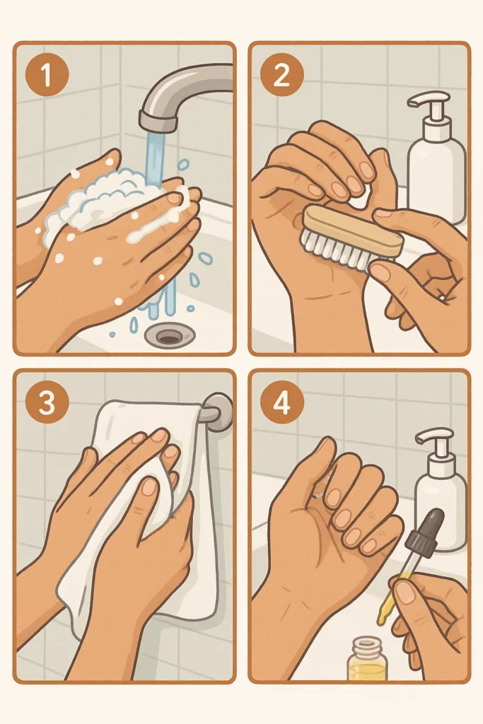 Infographic style guide showing proper hand washing steps with illustrations