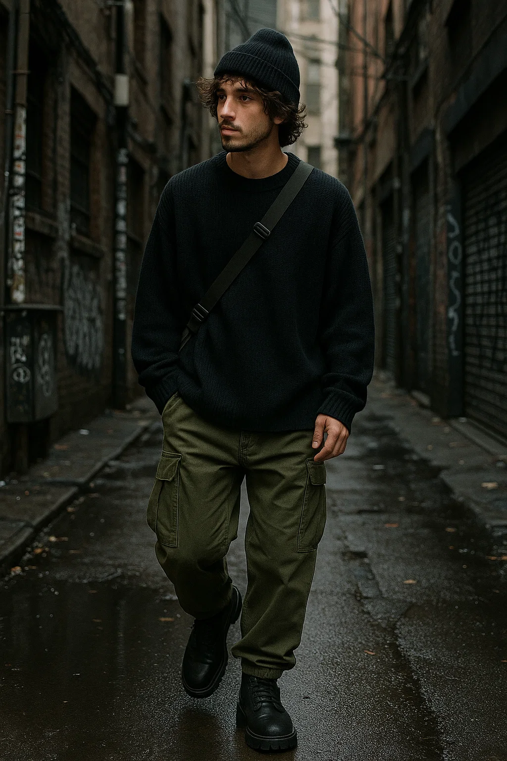 modern male style inspiration with wavy hair and black sweater