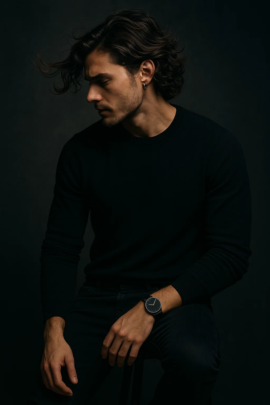 modern male style inspiration with wavy hair and black sweater
