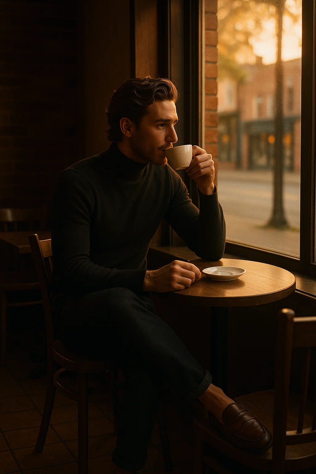 modern male style inspiration with wavy hair and black sweater