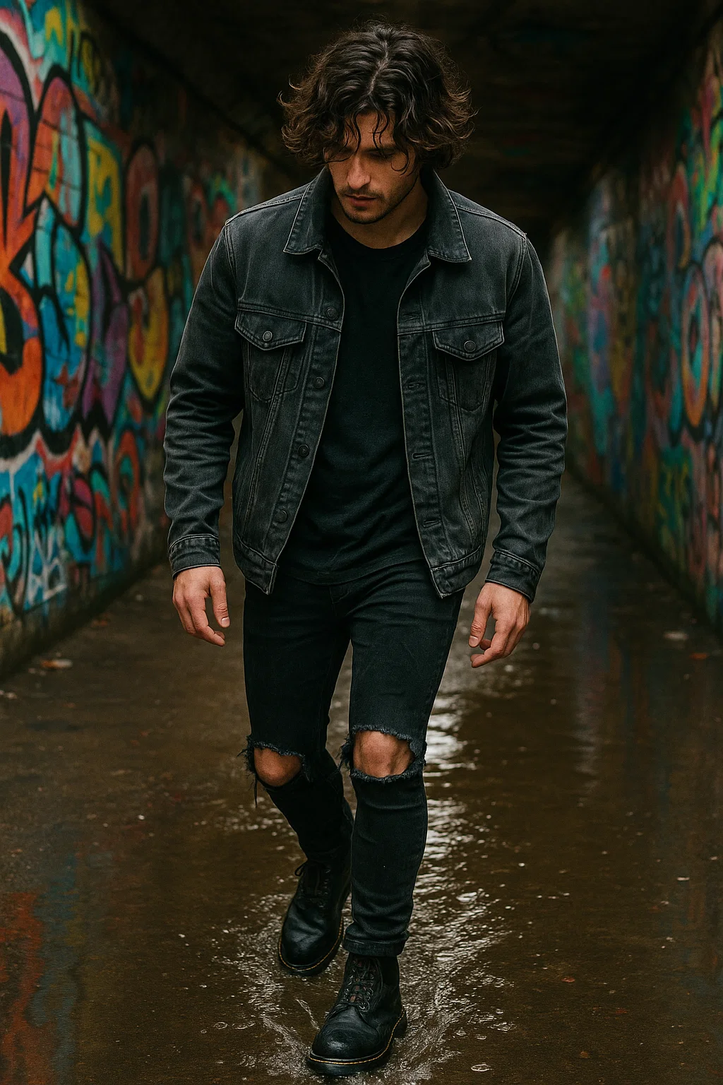 modern male style inspiration with wavy hair and black sweater