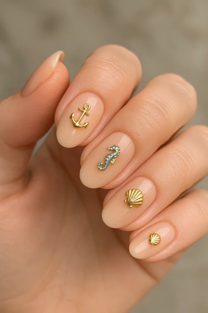 Sandy chic beach nails with trendy designs perfect for summer beach days.