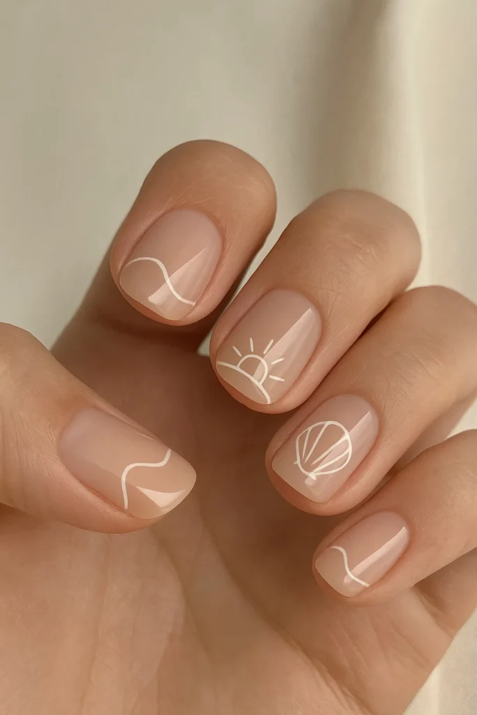 Sandy chic beach nails with trendy designs perfect for summer beach days.