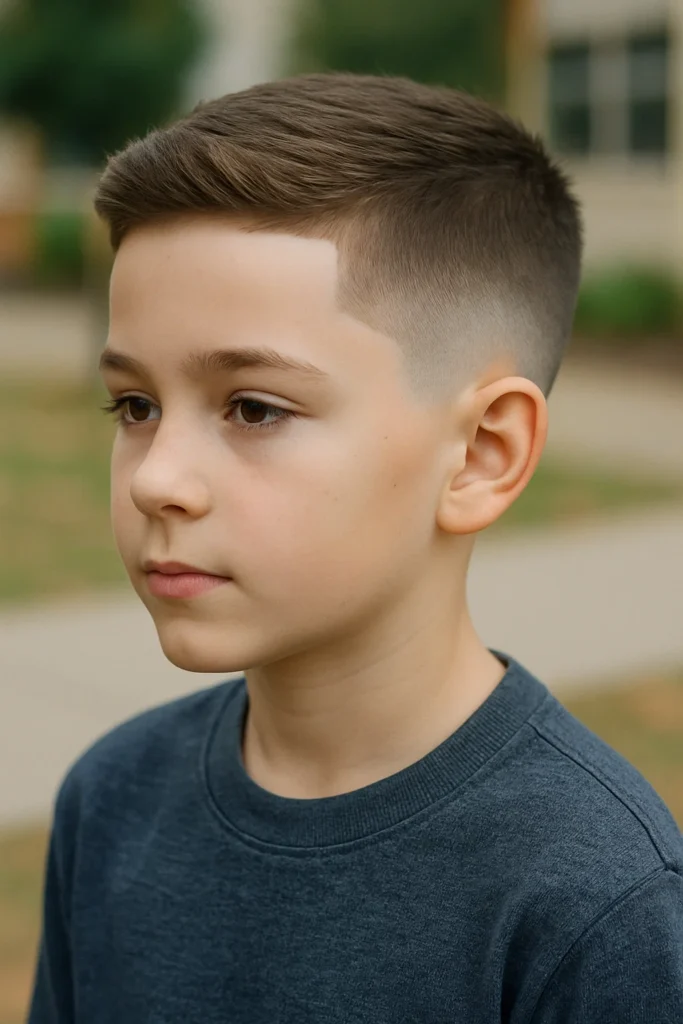 Textured crop haircut for boys with tapered fade and natural movement on top