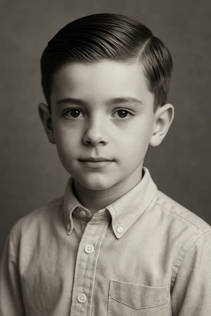 Slicked back pompadour hairstyle for boys with volume and classic styling