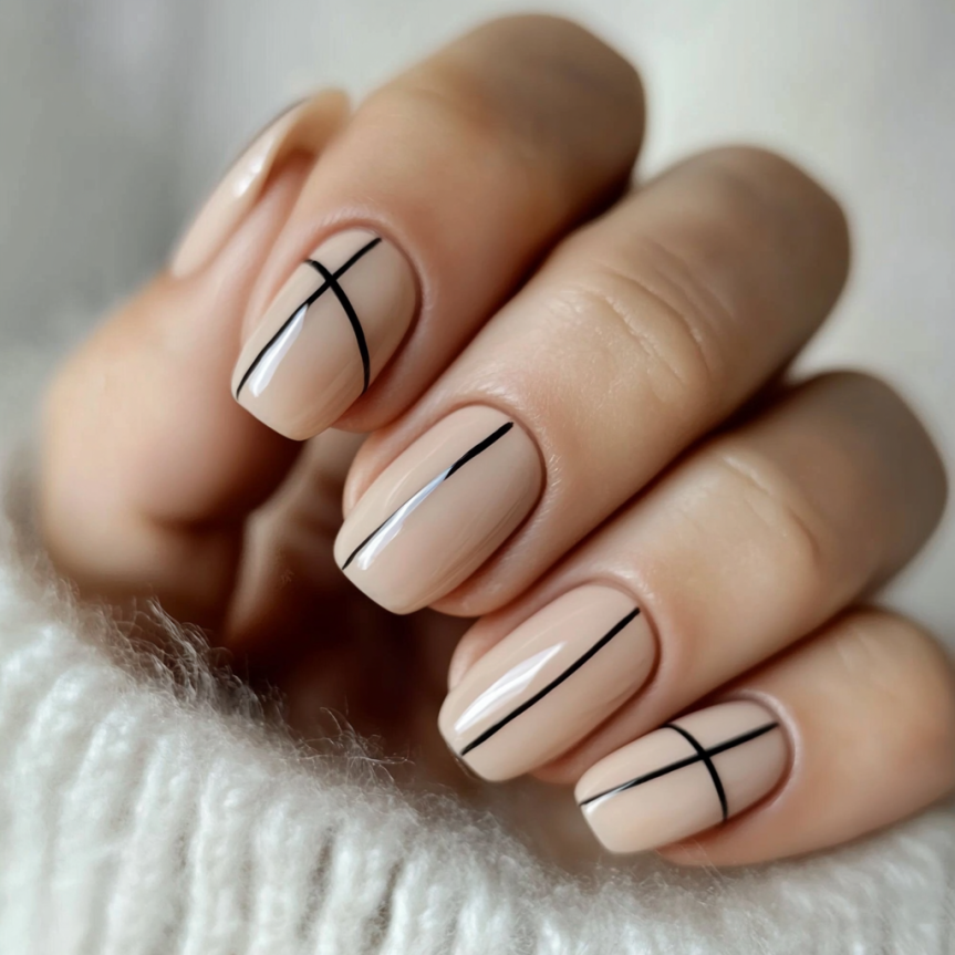 A minimalist nail design featuring a small heart accent on one or two nails. The heart is subtle and small, with a soft base color like light pink or nude. The nails are simple and clean, with a polished finish, set against a soft, minimal background.