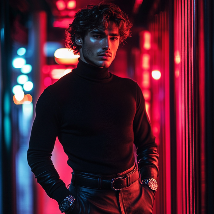 modern male style inspiration with wavy hair and black sweater