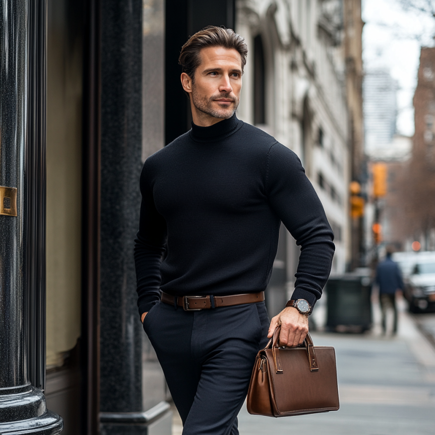 modern male style inspiration with wavy hair and black sweater
