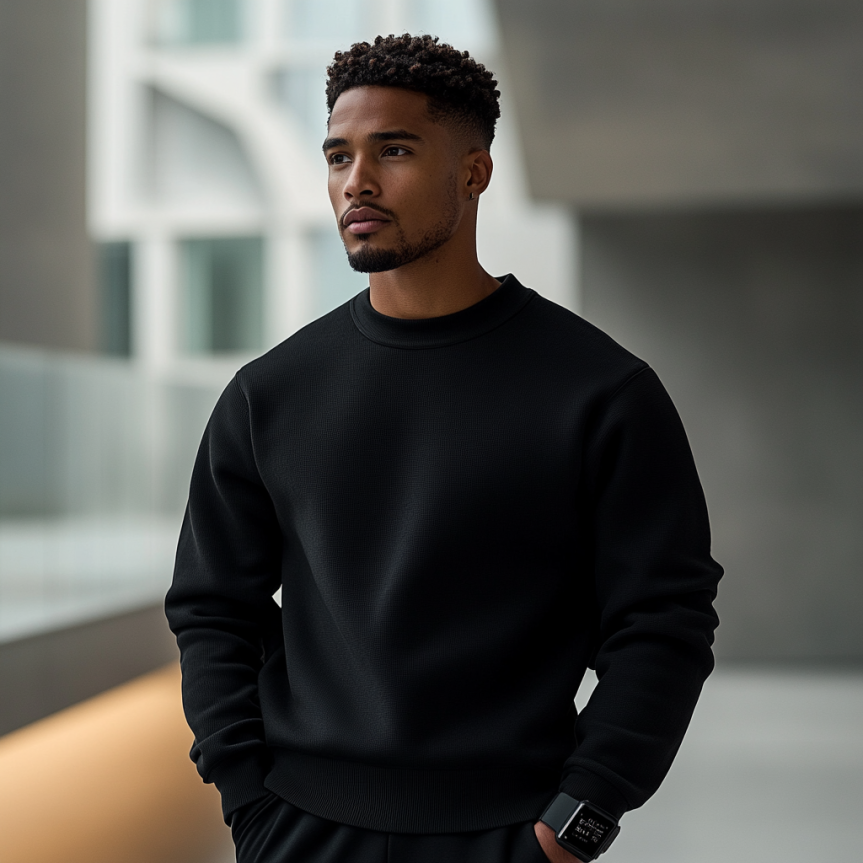 modern male style inspiration with wavy hair and black sweater