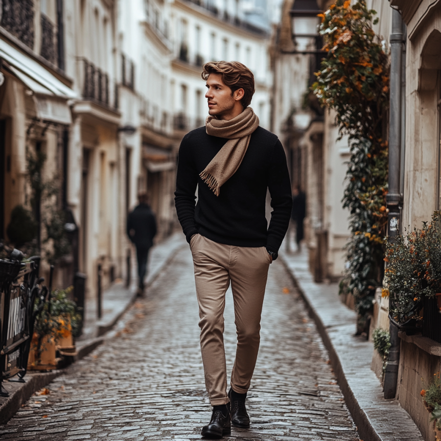 modern male style inspiration with wavy hair and black sweater
