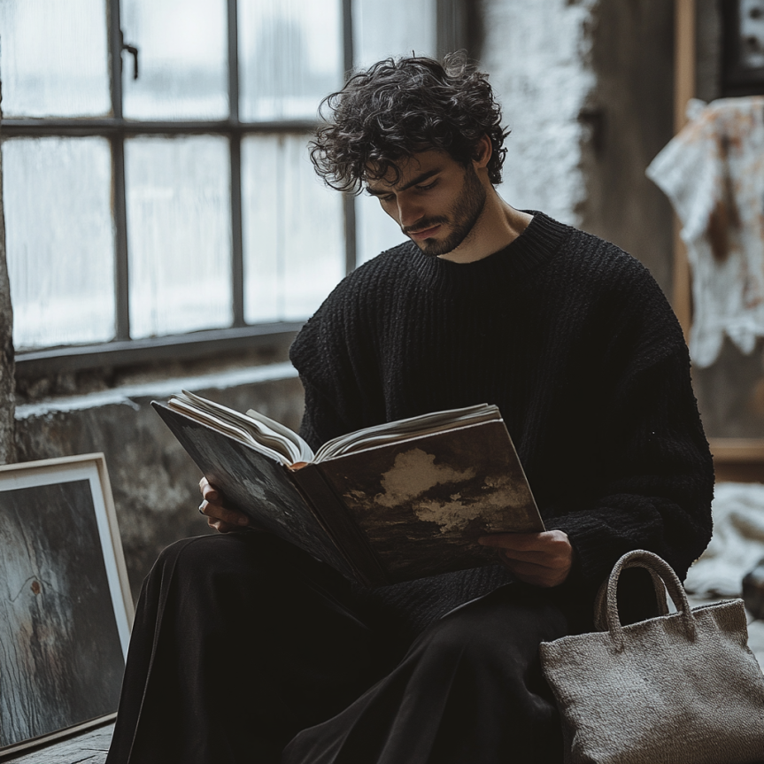 modern male style inspiration with wavy hair and black sweater