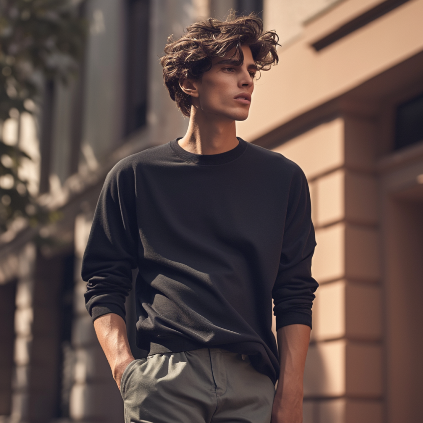 modern male style inspiration with wavy hair and black sweater
