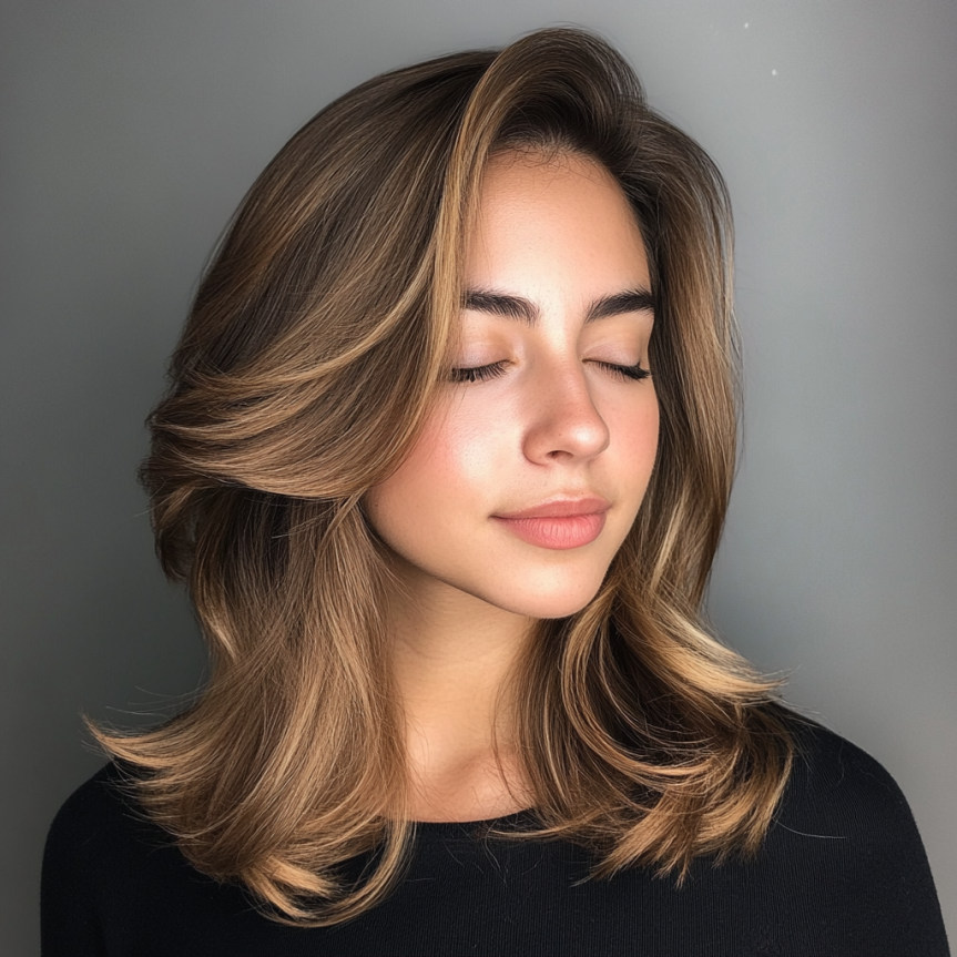 Mid-length wavy lob with soft balayage highlights.