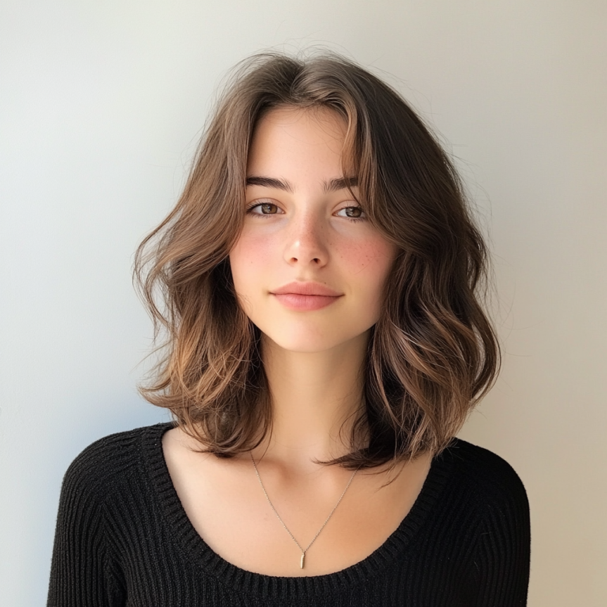 Mid-length wavy lob with soft balayage highlights.