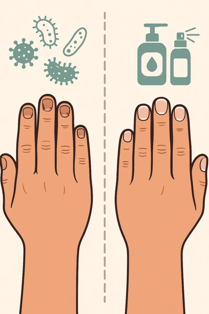 Side by side comparison of dirty nails versus clean nails on two hands