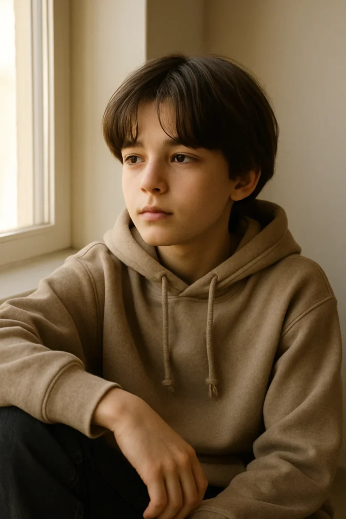 boy with stylish boys haircut straight fine hair