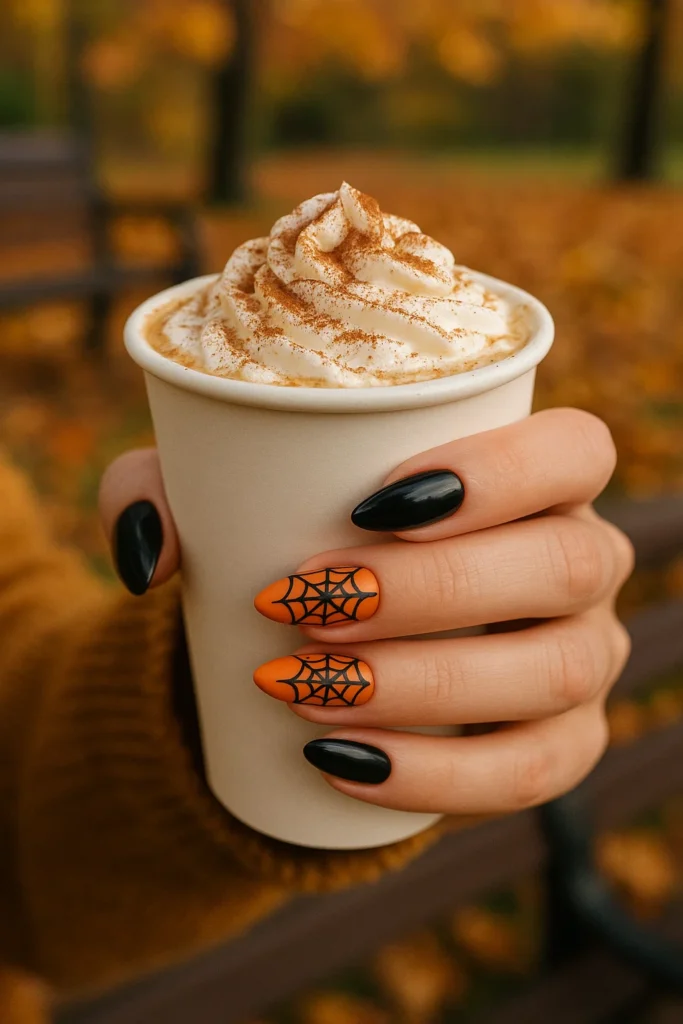 Halloween nails with black and orange nail art