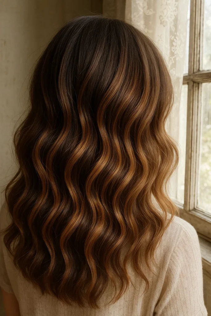 caramel highlights on brown hair with vintage charm