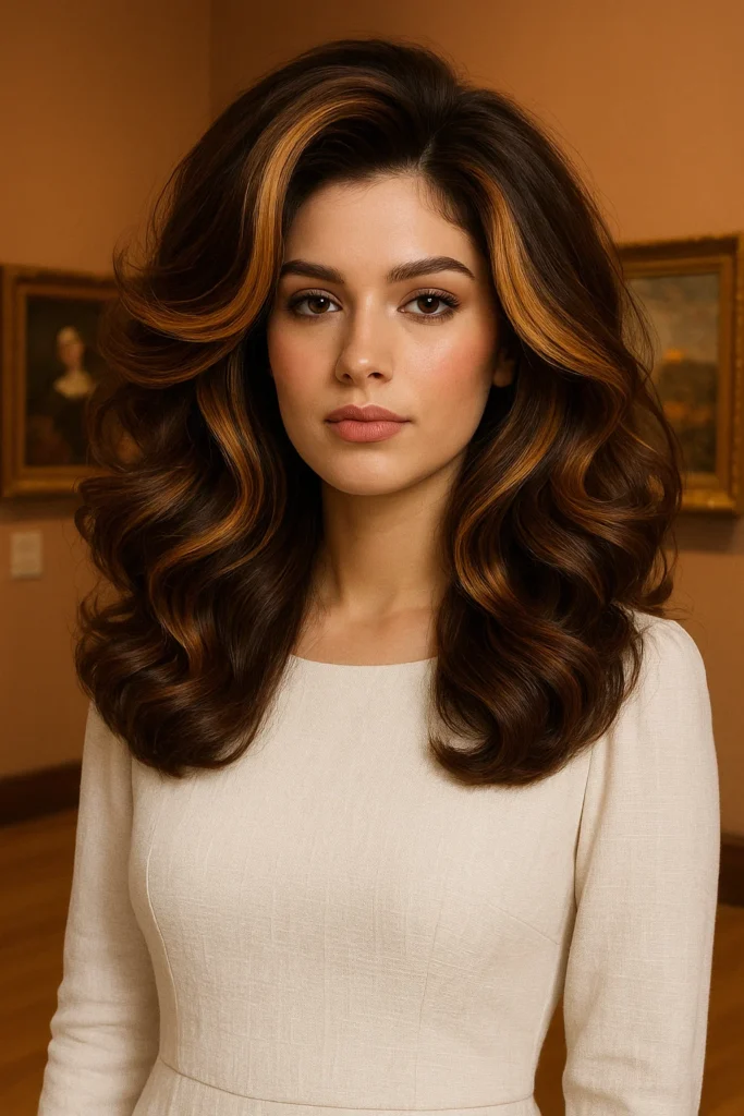 caramel highlights on brown hair with vintage charm