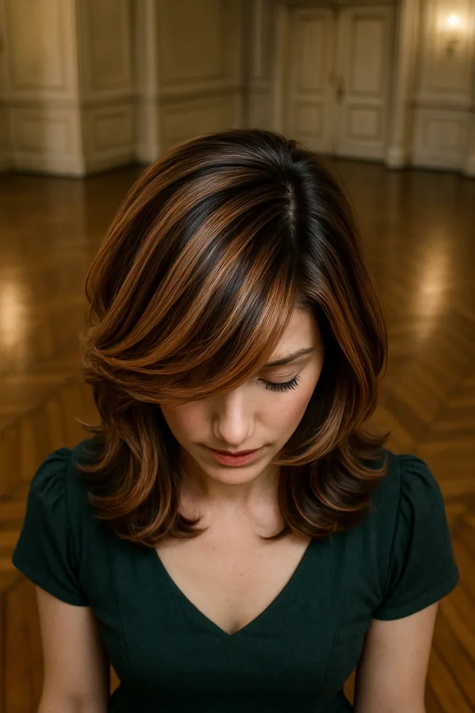 caramel highlights on brown hair with vintage charm