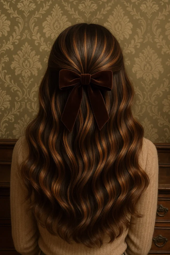 caramel highlights on brown hair with vintage charm