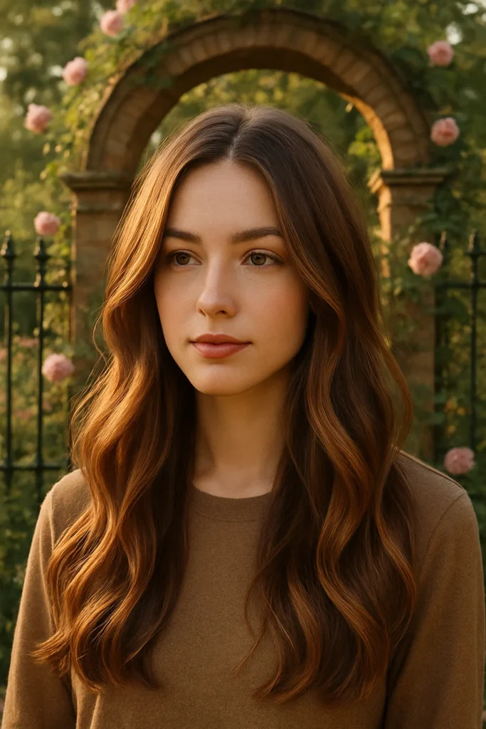 caramel highlights on brown hair with vintage charm