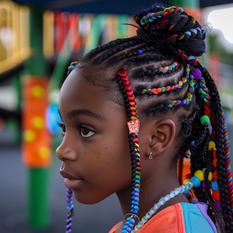 Black teenage girl with neat Bantu knots, wearing earrings and a school jacket, posing in front of a school mural or art wall, lifelike facial expression, cultural authenticity