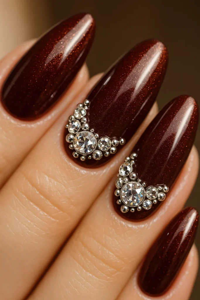 Cherry brown nails with delicate white floral designs
