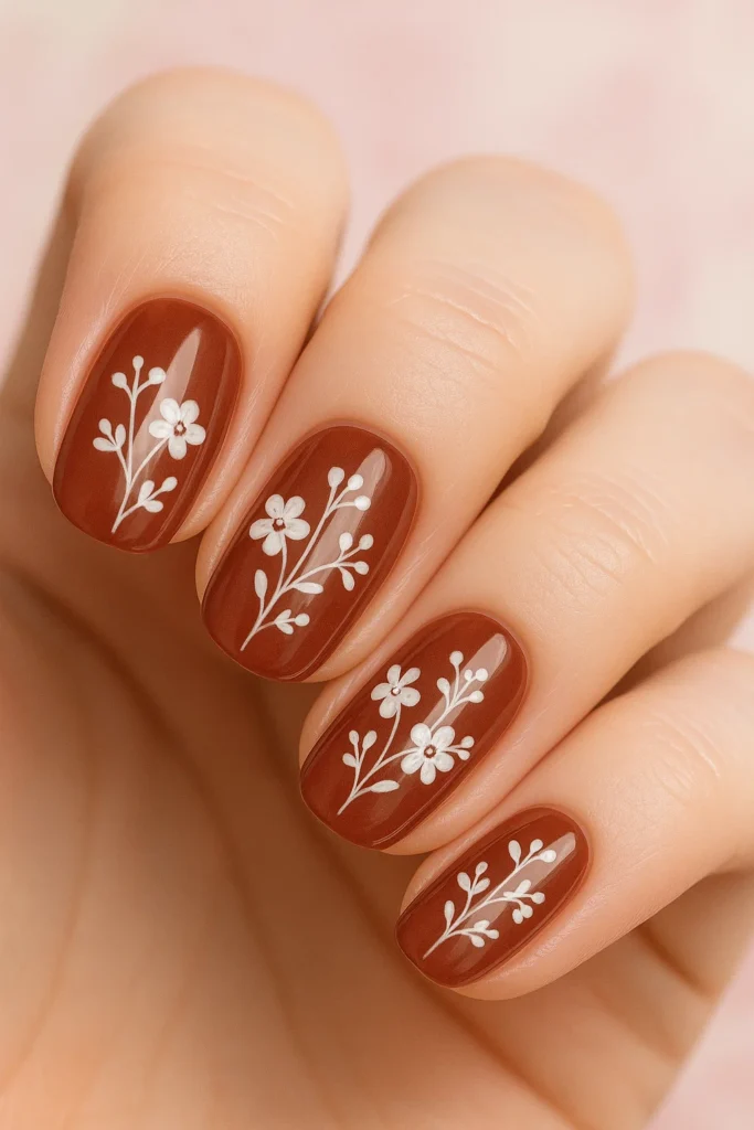 Cherry brown nails with modern geometric