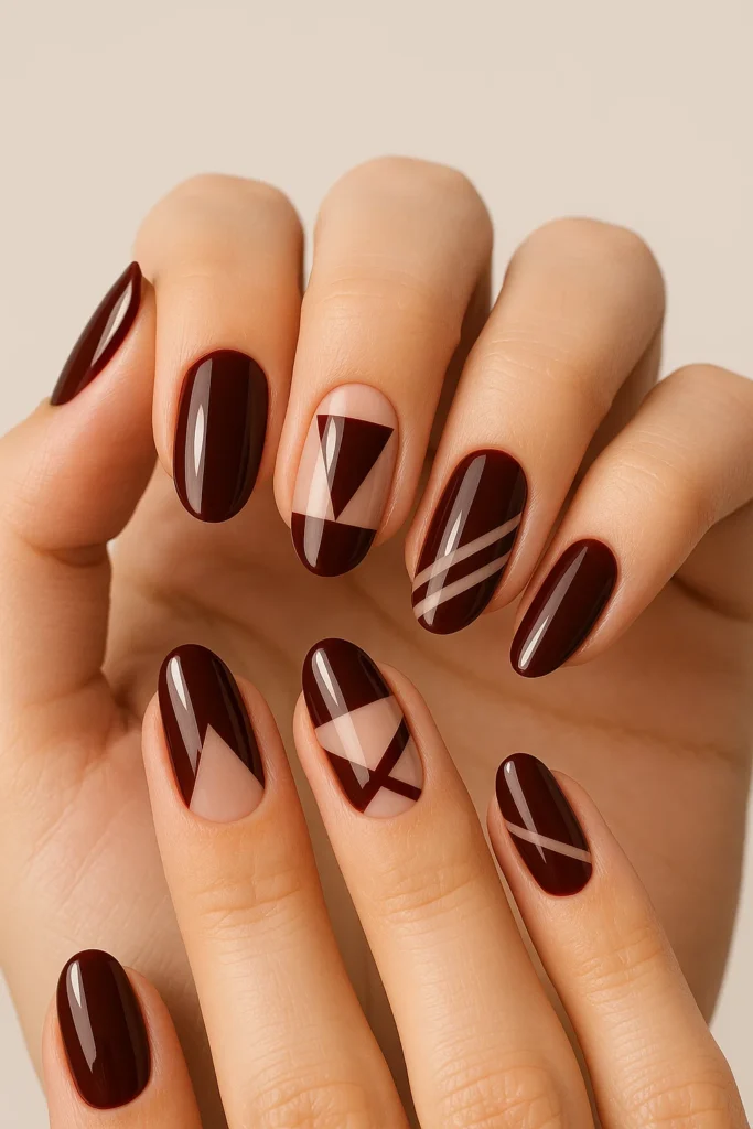 Cherry brown nails with modern geometric
