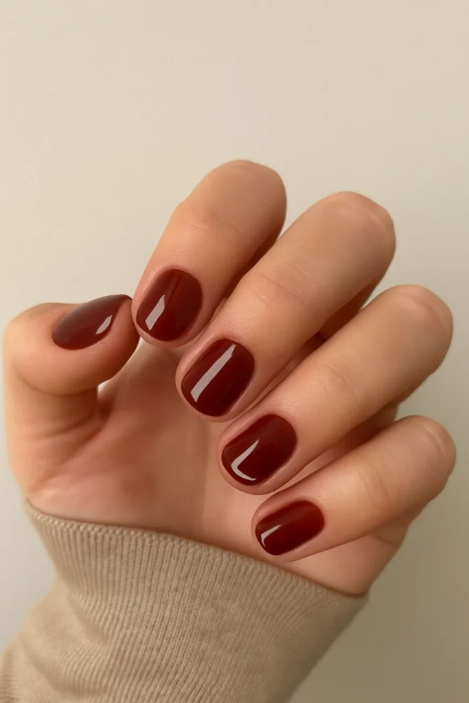 Cherry brown nails with delicate white floral designs